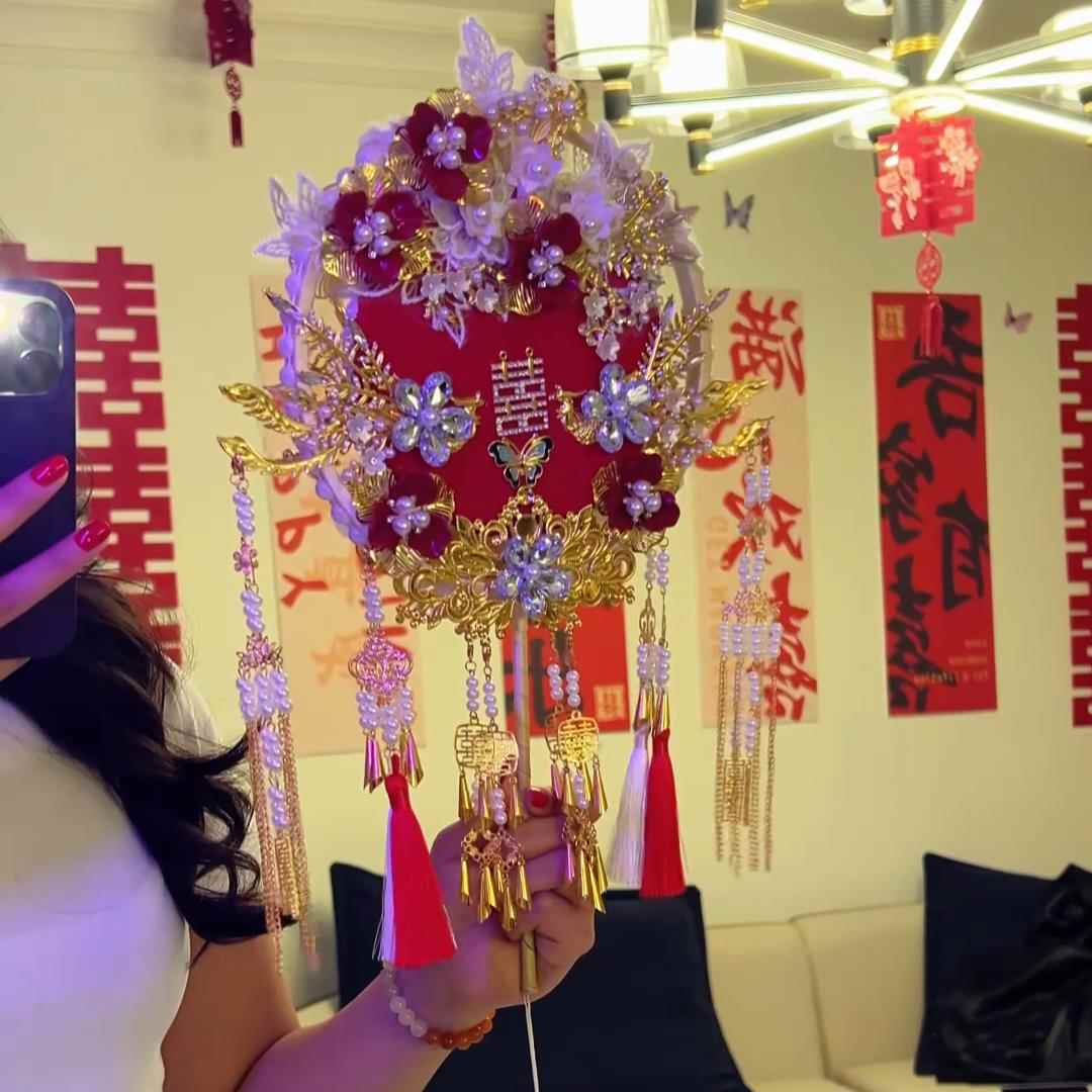 中式新娘团扇结婚diy古风双面双色出嫁礼物喜扇婚礼秀禾工艺扇