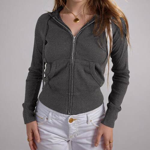 Women's Casual Ribbed Knit Plain Pocket Drawstring Zip Up