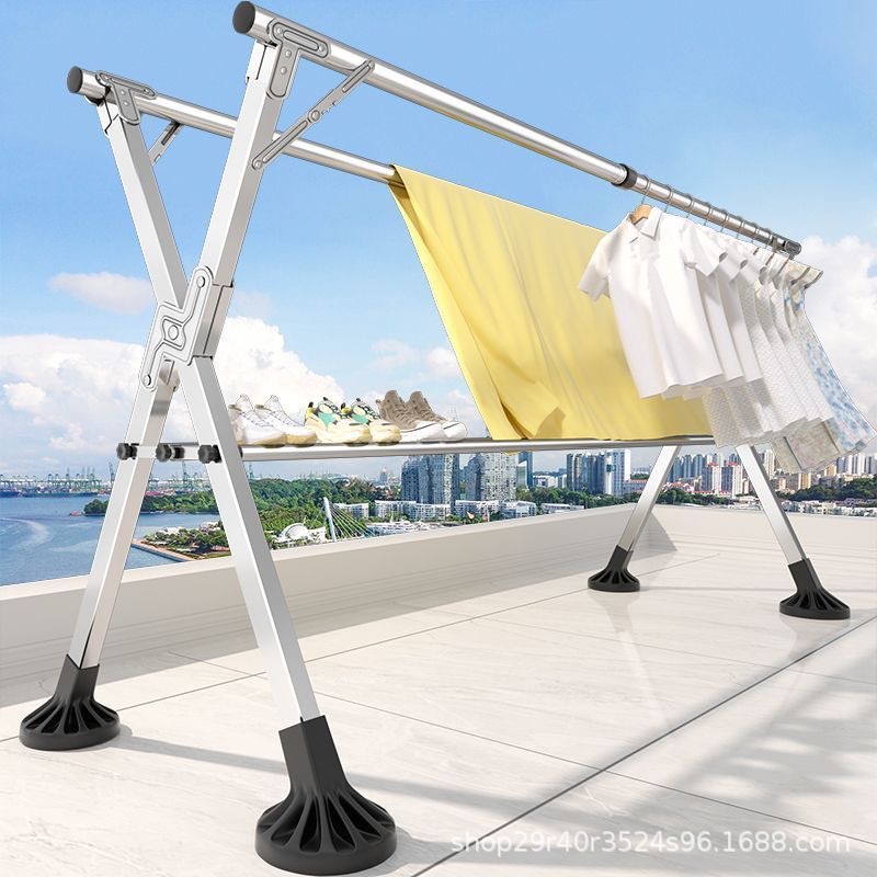 全钢加粗加厚折叠落地挂衣架可伸缩晾衣架室内阳台室外晒被晾衣杆