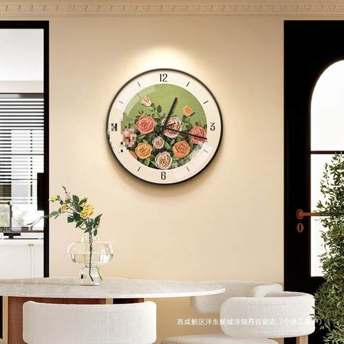 奶油风餐厅挂钟装饰画玫瑰花卉家用静音钟表客厅艺术创意时钟挂墙