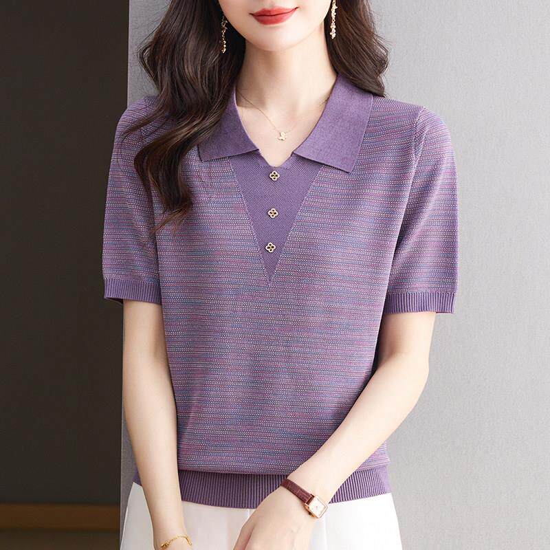 夏季新款短袖针织衫女宽松妈妈装洋气翻领上衣特大码桑蚕丝Tt恤衫
