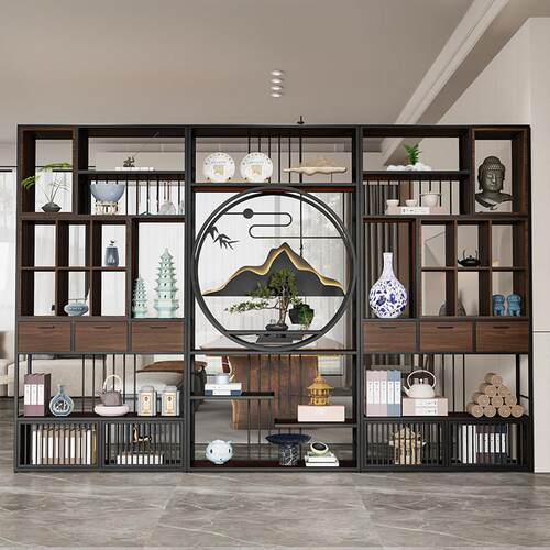 新中式铁艺博古架茶室置物架办公室隔断书架收纳层架茶叶展示柜落