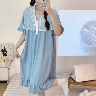 孕妇花边睡衣甜美宽松V领家居服 短袖 睡裙女夏季 法式 纯欲ins风薄款