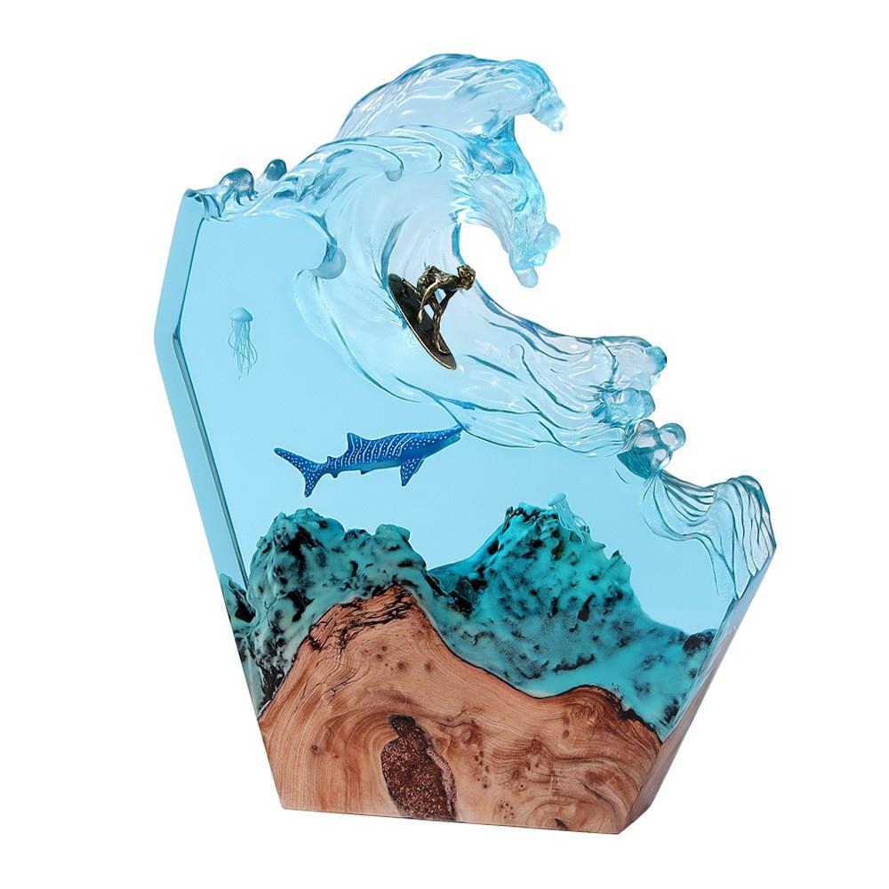 海浪鲸鱼水母海洋冲浪树脂工艺品办公室桌面实木夜灯摆件纪念礼品