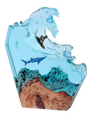 海浪鲸鱼水母海洋冲浪树脂工艺品办公室桌面实木夜灯摆件纪念礼品