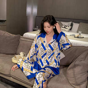 新款 冰丝春秋长袖 印花女士睡衣高级感休闲ins风仿真丝家居服套装