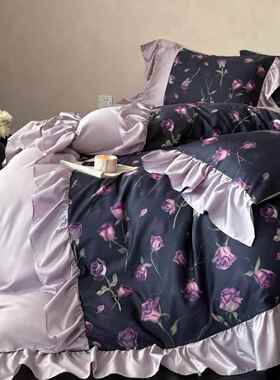 棉法式高复端古长绒QL棉数码印四件套纯花花边公主风床品被套