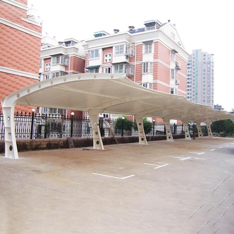 现代小区张拉膜景遮阳观雨户外膜结构七字型车棚自行车充电桩车棚