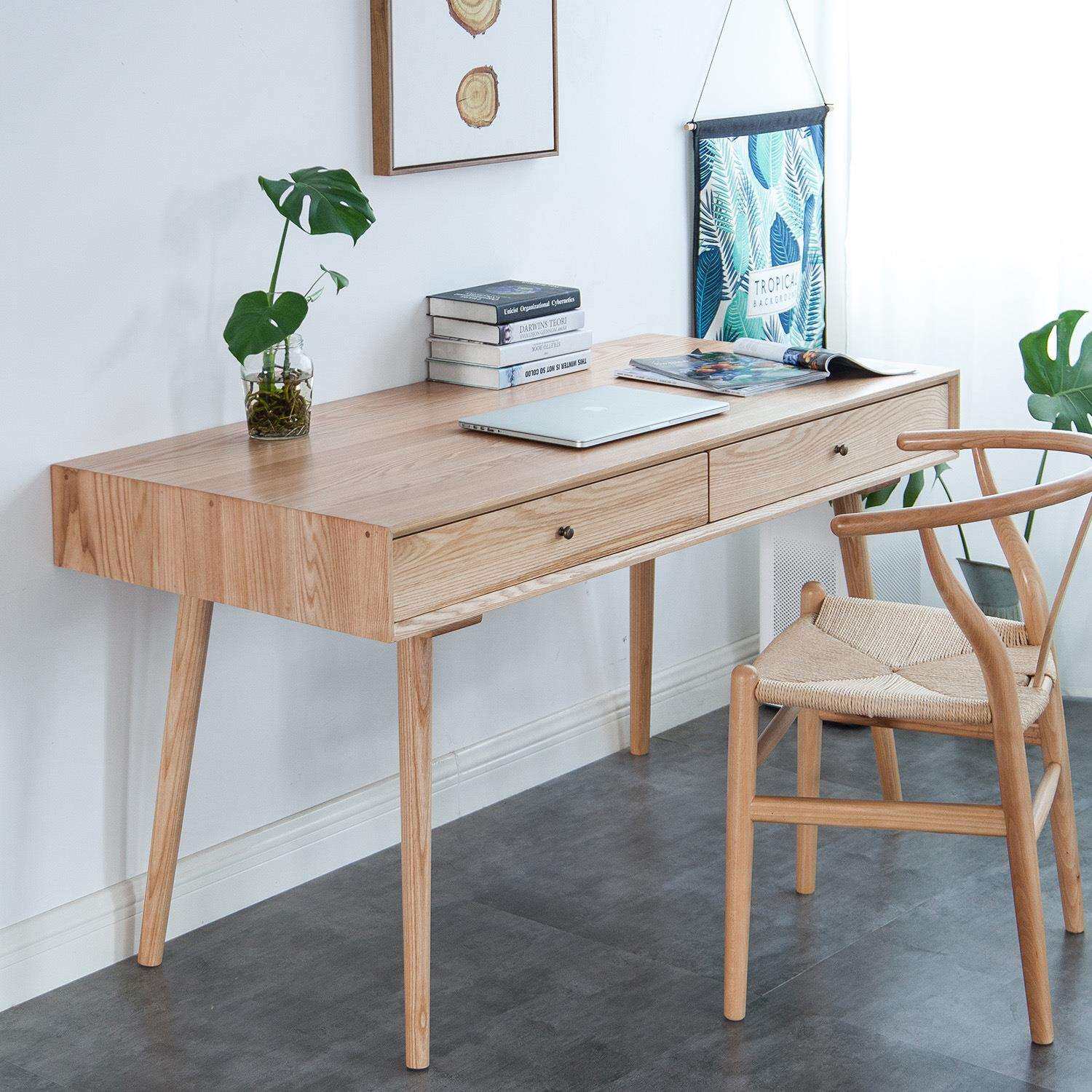 北欧实木书桌现代简约带抽屉电脑桌小户型家用书房写字绘画桌