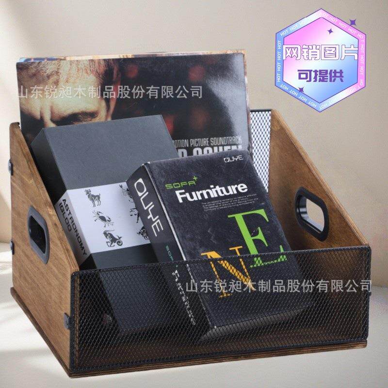 现货实木铁艺黑胶唱片收纳架存储架CD相册展示收纳筐多功能储物架