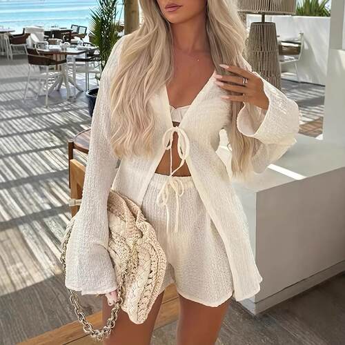 Women's Solid Color Longsleeves Fitted Tie Front Top &