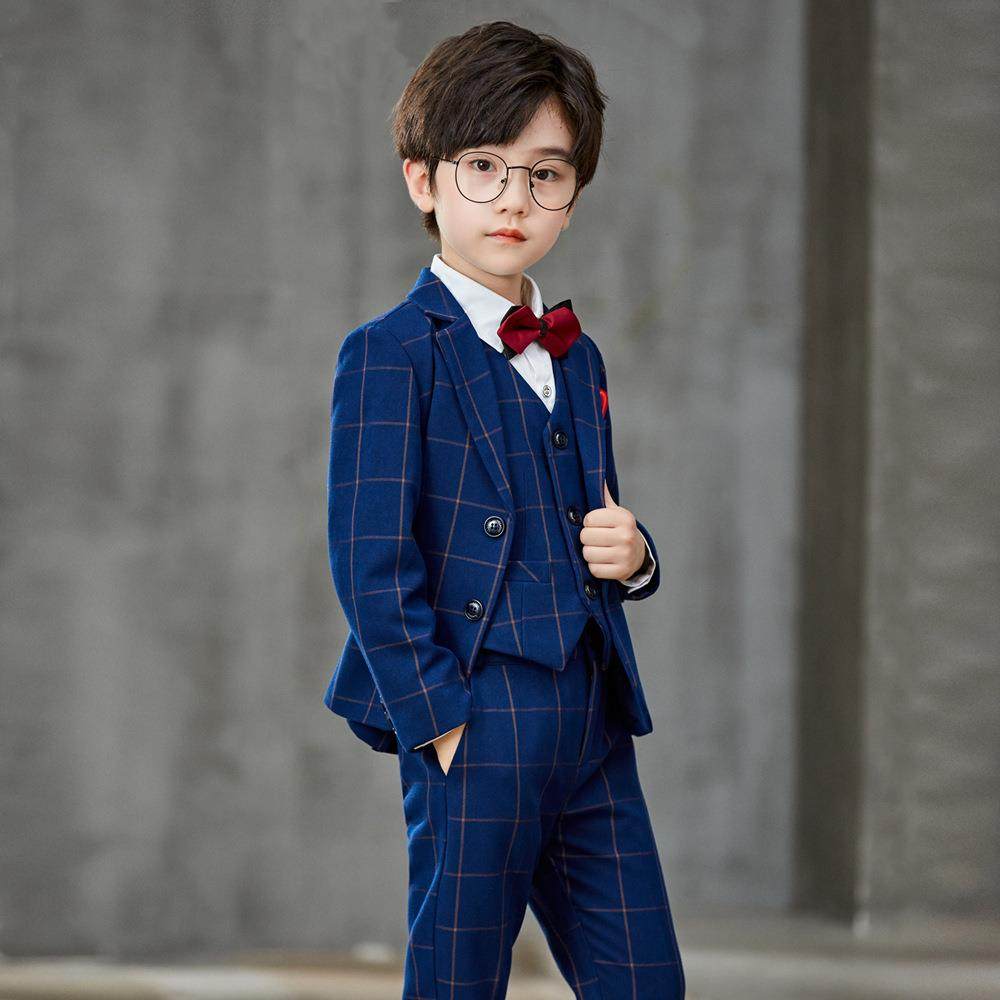 男童小西装洋气格子春秋新款儿童摄影演出礼服加绒套装婚礼花童定