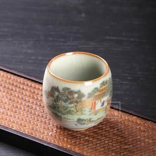 青玉汝窑堆金丝访友图主人杯中式茶盏汝瓷四方茶杯复古龙旦品茗杯
