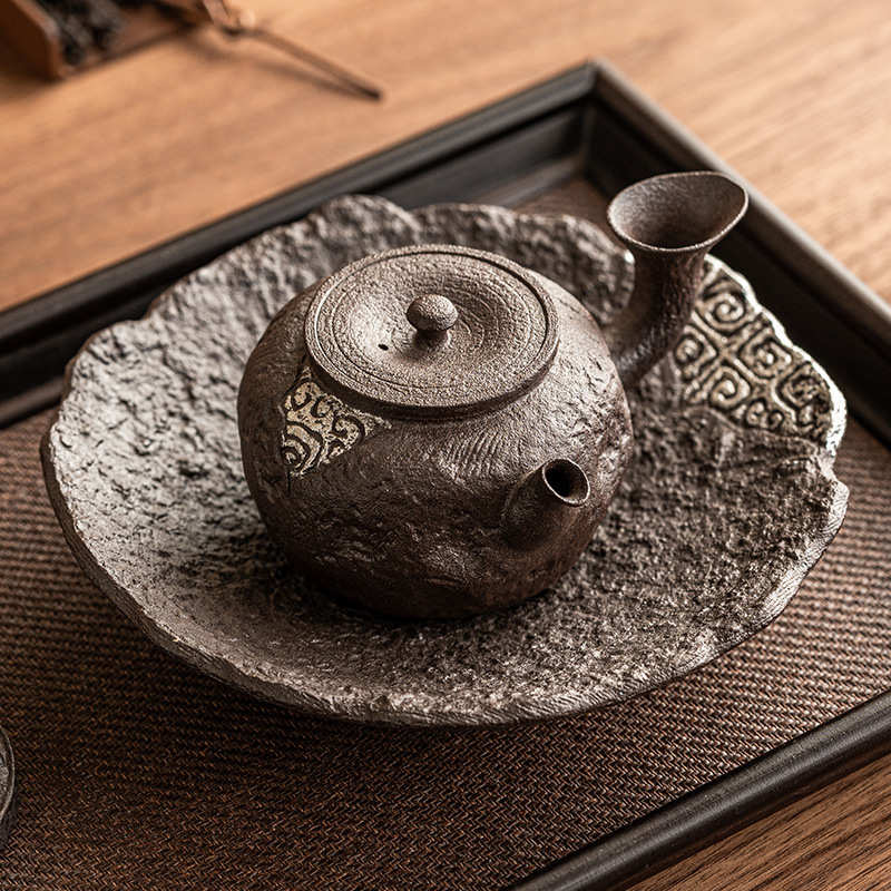 老陶泥描银壶承茶承家用粗陶茶壶茶托干泡台盖碗托盘功夫茶具配件