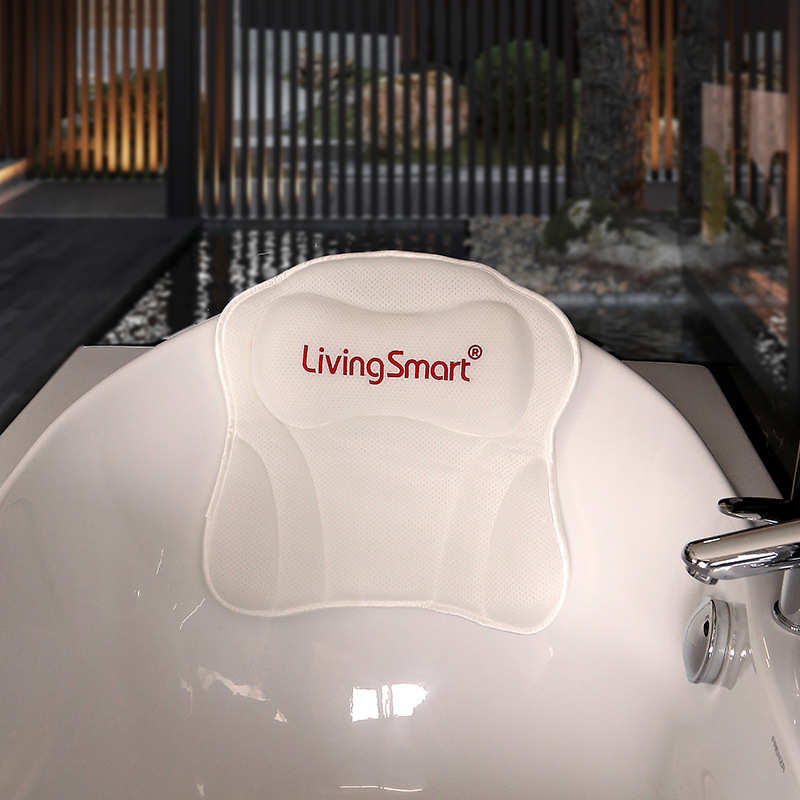 livingsmart网眼布刺绣浴缸枕 带吸盘透水速干可机洗泡澡靠头浴枕