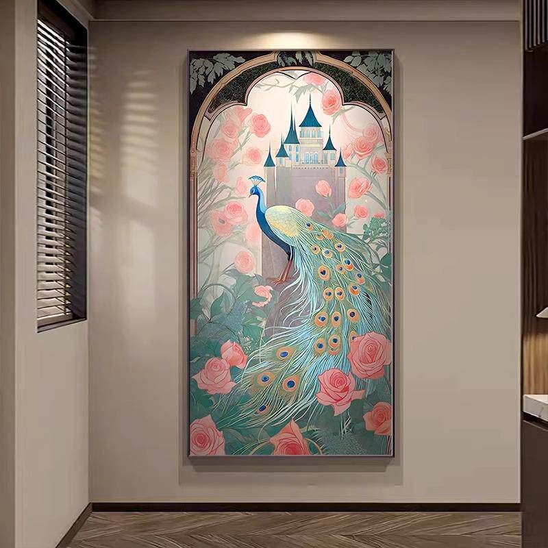 2024新款孔雀图玄关装饰画法式复古入户过道挂画城堡花卉走廊壁画