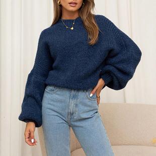 Women'S Pullover Sweaters Fall Winter Crew Neck Lantern Long