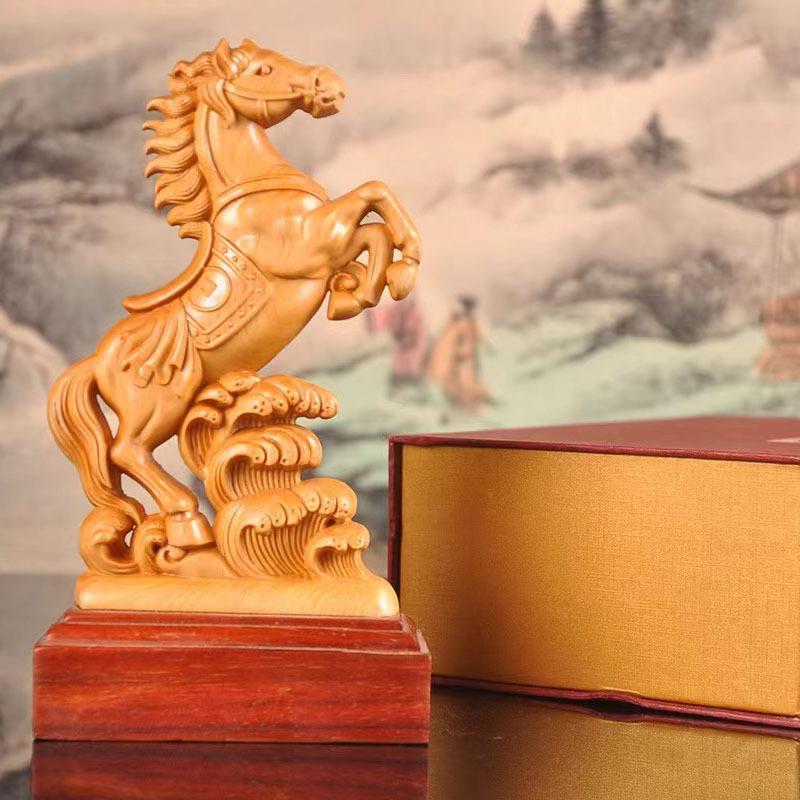崖柏马精雕摆件檀底座实木马工艺品创意桌面摆件小工艺品