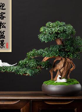 彷真植物迎客松盆景罗汉松假树新中式摆件客厅玄关绿植盆栽装饰品