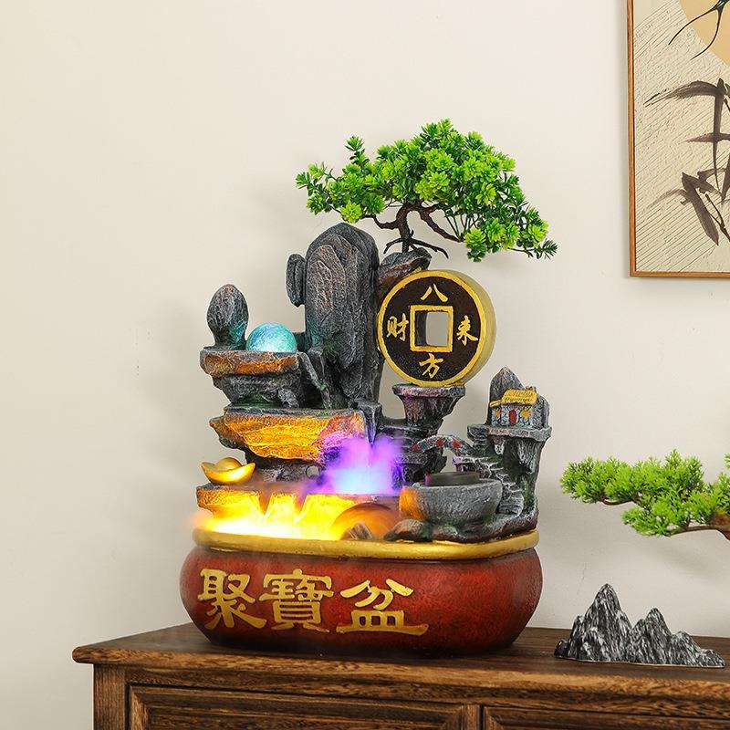 八方来财聚宝盆桌面假流水水喷泉摆件山循环鱼缸IEH加湿器客厅风
