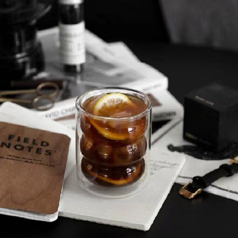 透明玻璃牛奶杯家用大容量彩色内胆螺纹杯双层高硼硅玻璃咖啡杯