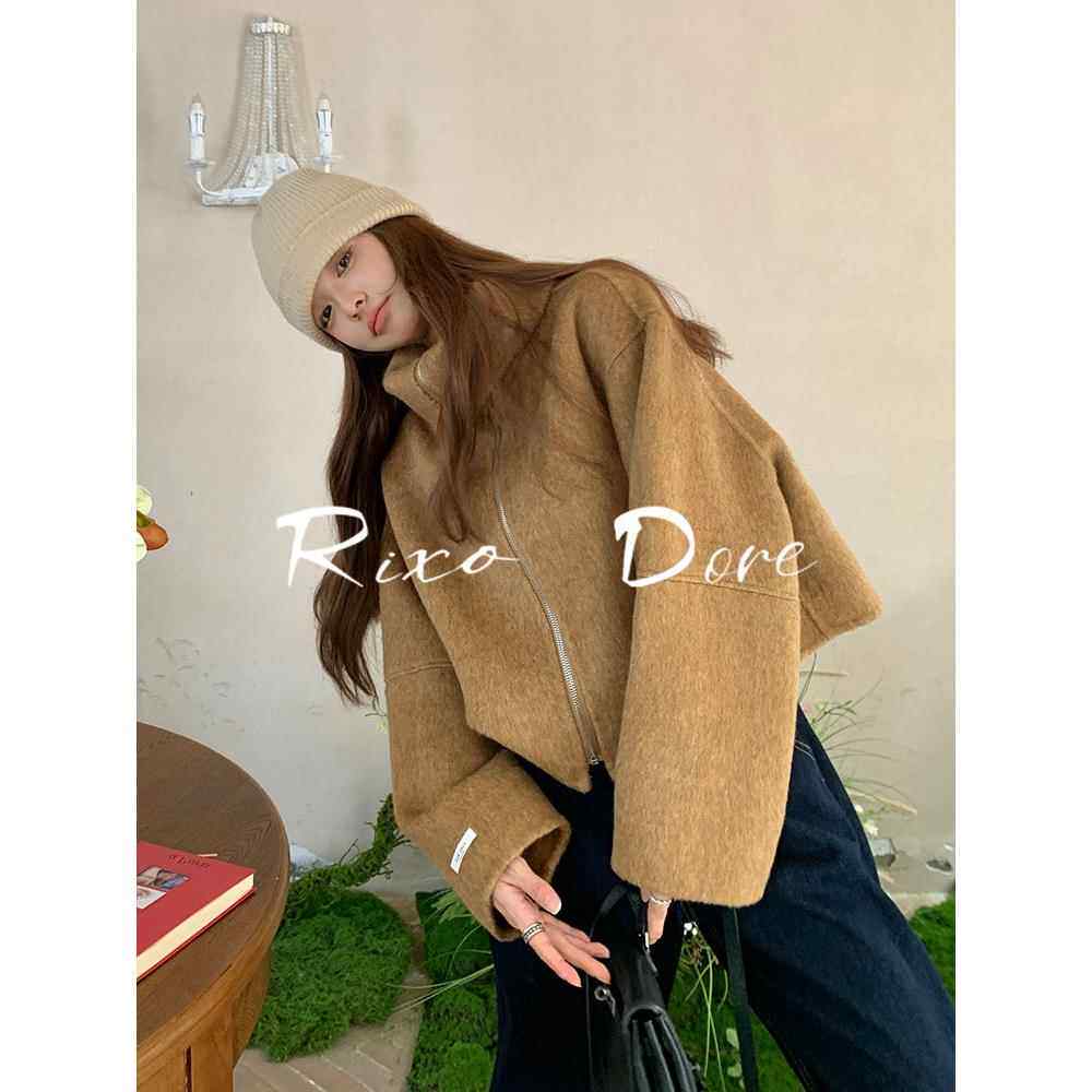 RIXO DORE法式高级感覆古驼色双面呢羊毛外套美拉德翻领毛呢上衣