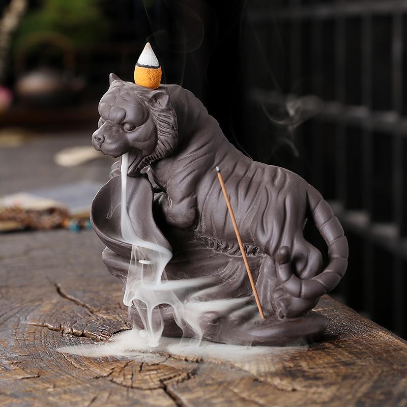 跨境紫砂檀香烟观赏回流香炉 创意老虎瀑布倒流香炉家居饰品摆件