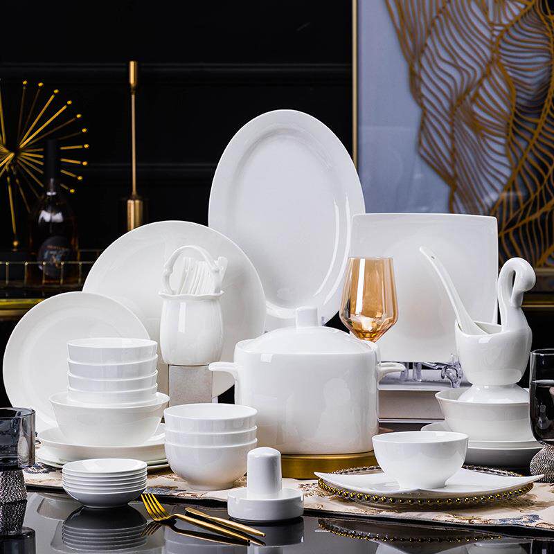 碗碟套装陶瓷家用餐具整套新中式简约纯白高档餐具套装碗盘碗筷