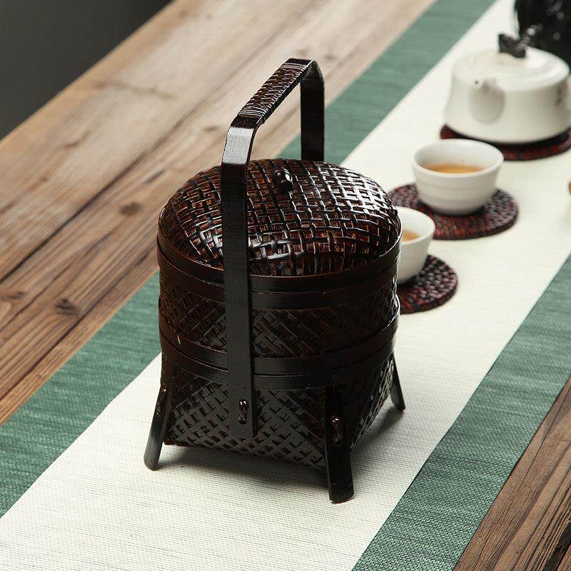 竹制覆古手篮多层篮食品盒茶具收纳盒家用水果篮桌面收纳茶点托盘