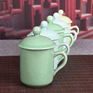 个人杯家用茶杯 流转千年青瓷小号办公茶杯陶瓷带盖有柄会议杯中式