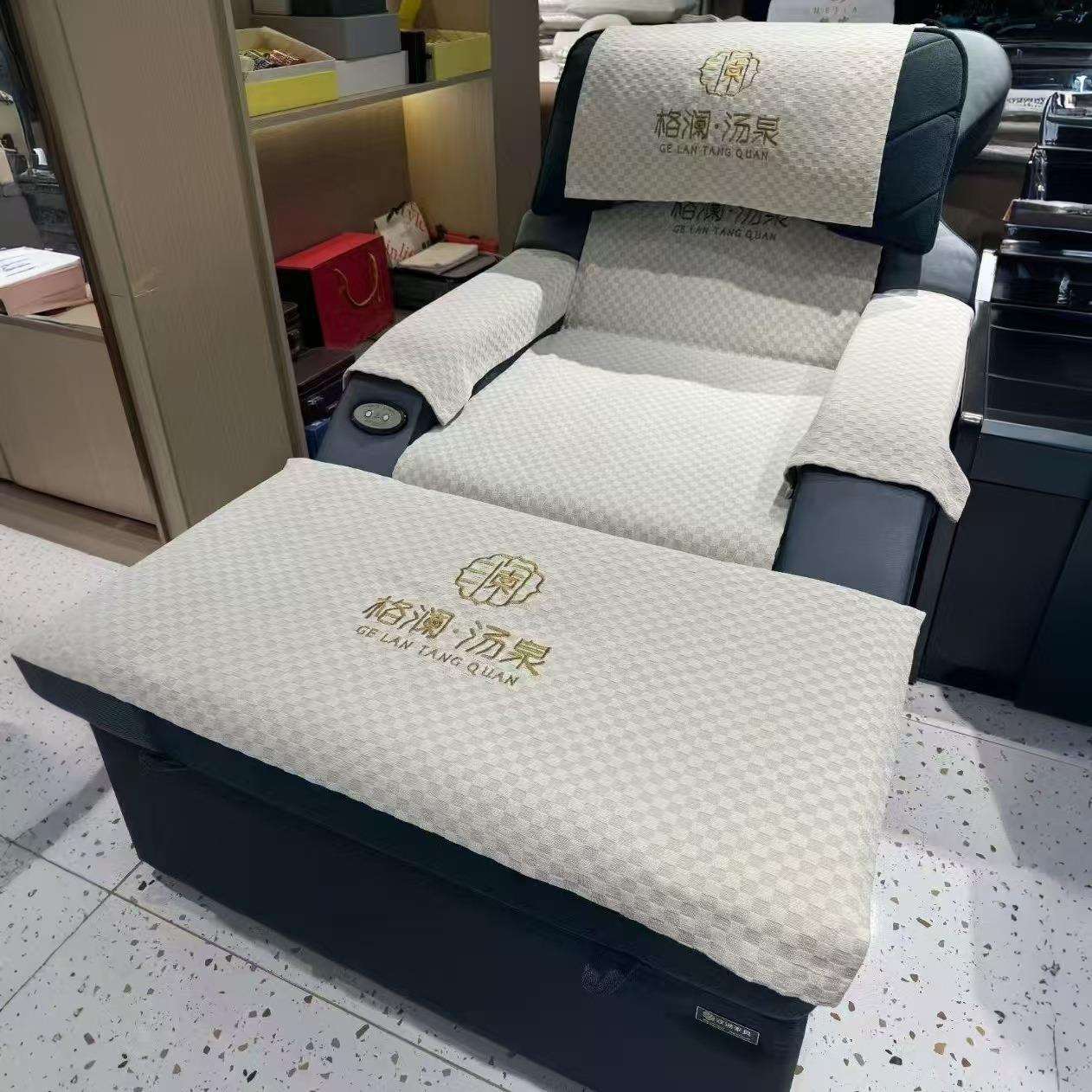 高档方格绒足浴沙发垫巾四件套足疗采耳按摩椅床单两件套防滑