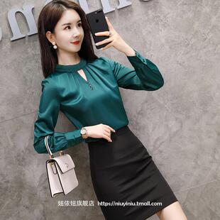 白衬衫女设计感小众2025春长袖上衣雪纺时尚气质圆领套头职业衬衣