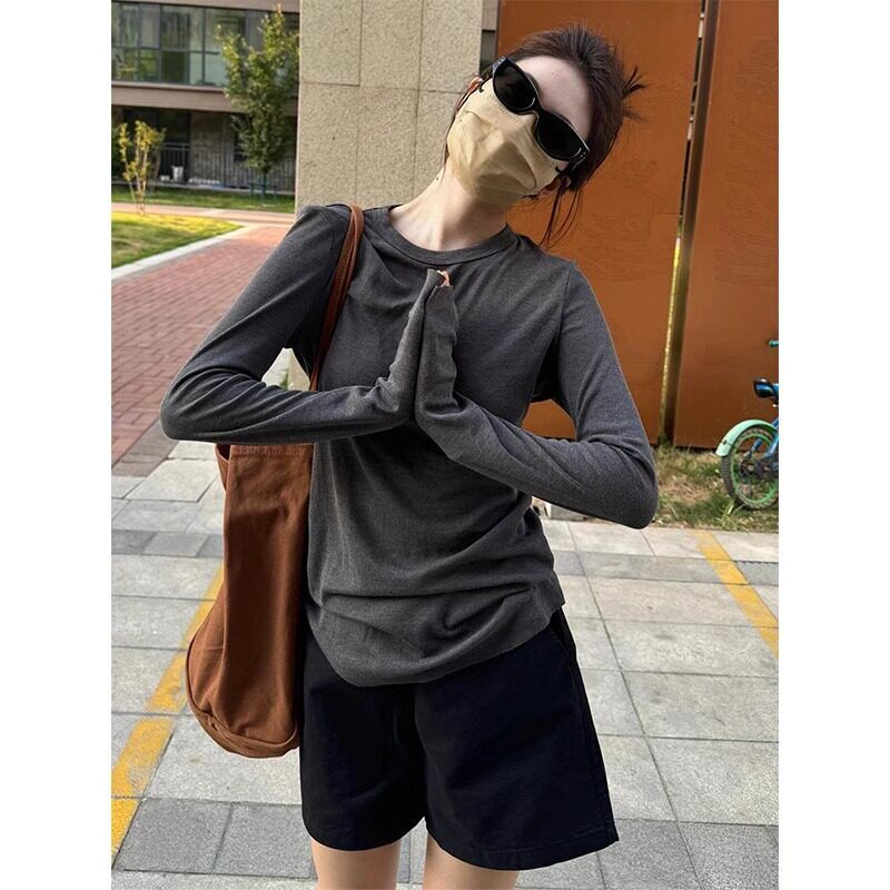 灰色冰丝圆领长袖T恤女夏季薄款慵懒宽松小个子休闲防晒罩衫上衣