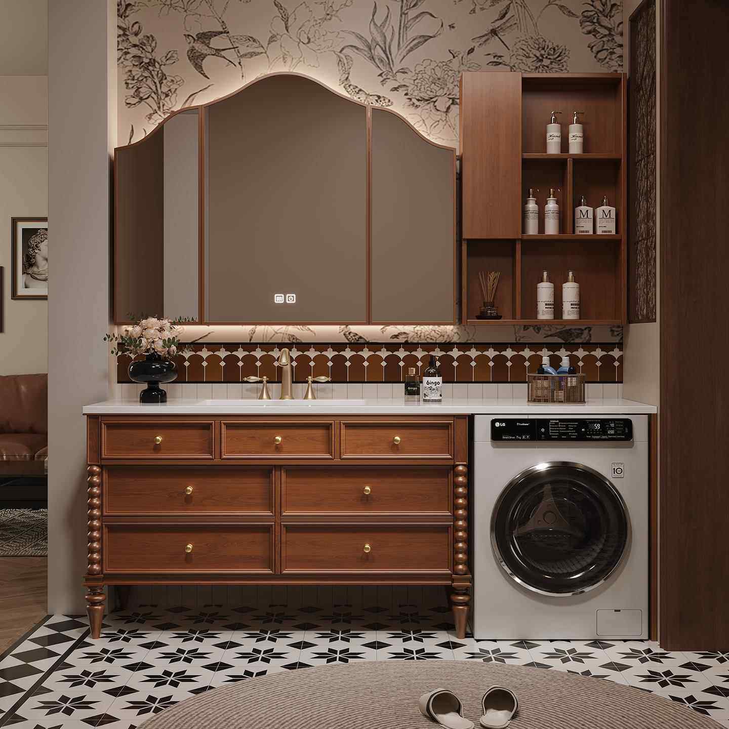 美式中古风洗衣机浴室柜组合落地法式复古洗脸盆卫生间洗漱台定制,家装主材,浴室柜组合,淘宝优惠券,粉丝福利购,淘宝优惠卷