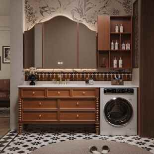 美式中古风洗衣机浴室柜组合落地法式复古洗脸盆卫生间洗漱台定制