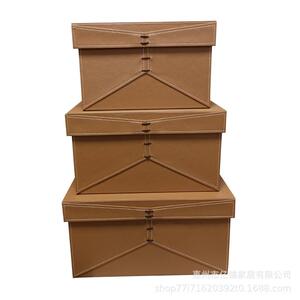 新中式木质皮革绑绳收纳盒礼品包装盒家居装饰工艺品样板间摆件