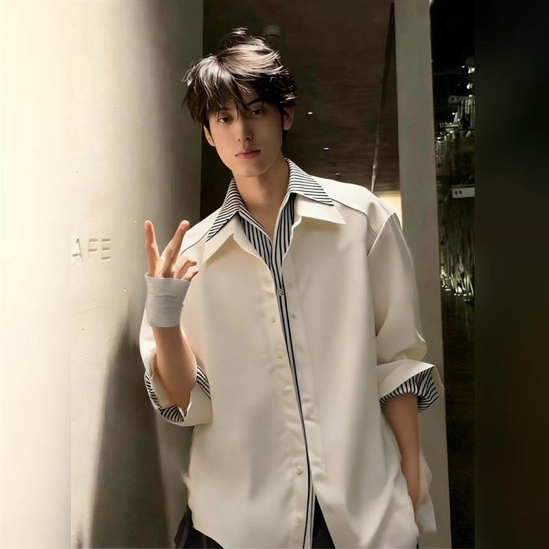 轻奢白色假两件条纹衬衫男士春季翻领长袖衬衣痞帅正肩百搭外套