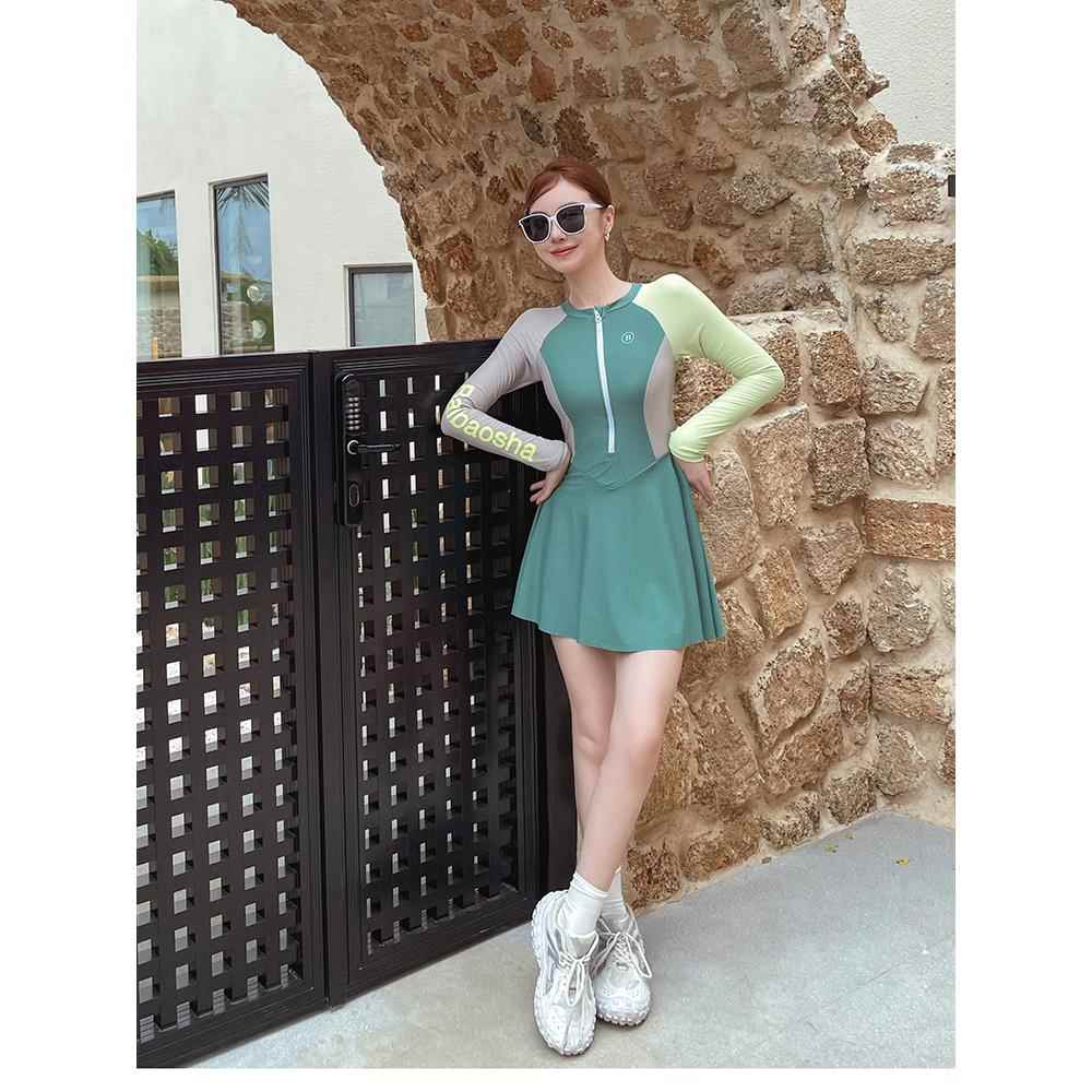 女秋款泳衣成人2025新款长袖连体运动游泳馆专用微胖孩遮肉0830b