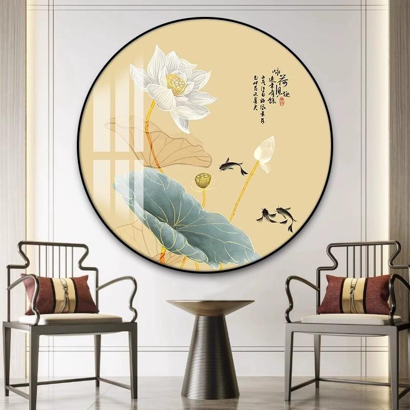 新中式荷花玄关圆形装饰画入户走廊过道挂画寓意好禅意茶室墙壁画图片