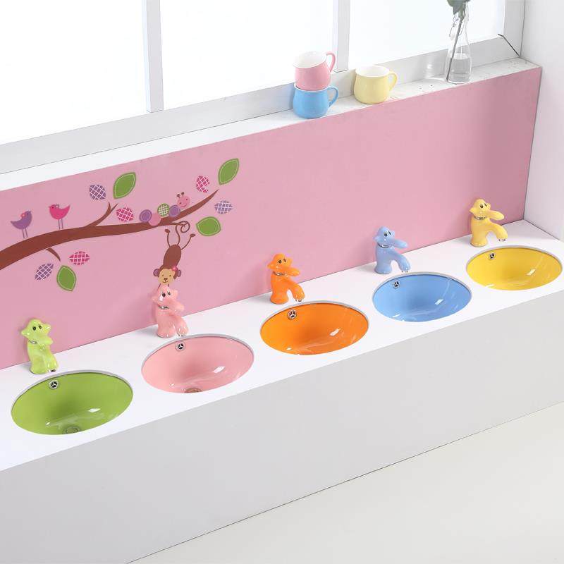 儿童陶瓷彩色台下盆幼儿园嵌入式13寸14寸石下洗脸盆小孩洗手池台