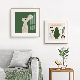 北欧儿童房卧室床头客厅装 饰画卡通动物绿色兔子挂画卡纸相框画