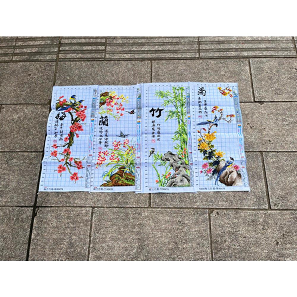兔妈妈十字绣成品 梅兰竹菊四联画 手工中国风山水十字绣棉布画