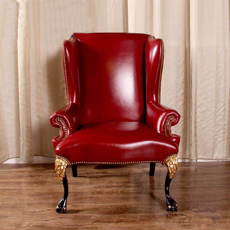 美式虎沙发客厅皮艺休闲椅播红色实木单282沙发椅老椅欧式直人椅