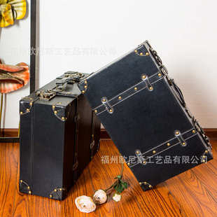 复古皮箱黑色手提箱怀旧仿古行李箱小皮箱摄影道具实木收纳箱