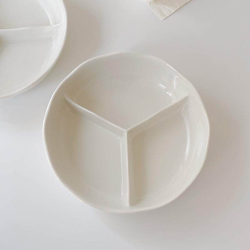白色三分格餐盘一人食减脂分隔碗早餐分餐盘大人家用陶瓷盘子