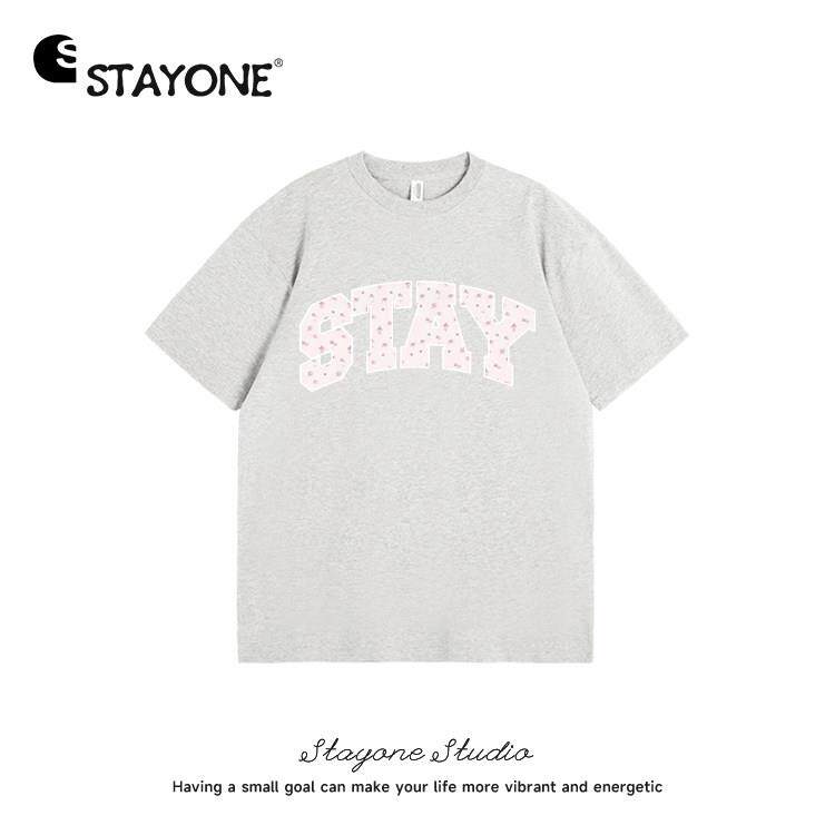 STAY ONE 国潮波点字母logo印花圆领短袖女夏季新款情侣落肩上衣