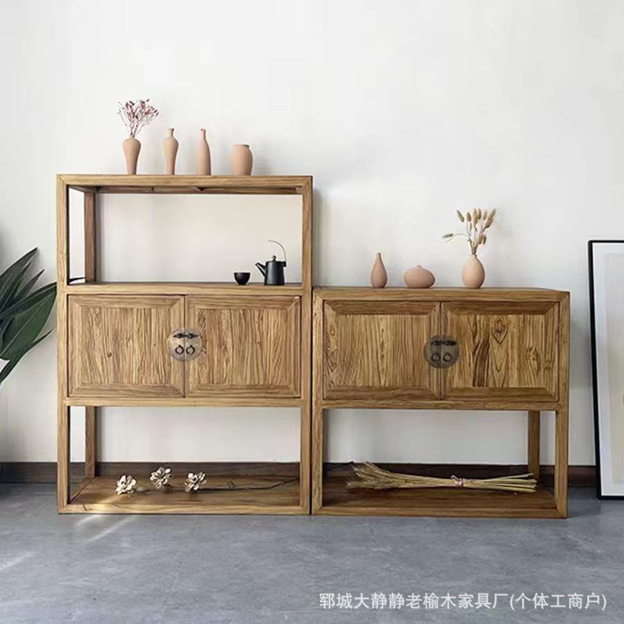 新中式老榆木餐边柜家用双开门储物柜民宿靠墙茶具收纳柜实木书柜