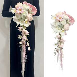 高级感婚礼粉色仿真花瀑布款手捧花新娘领证结婚花束备婚拍照道具