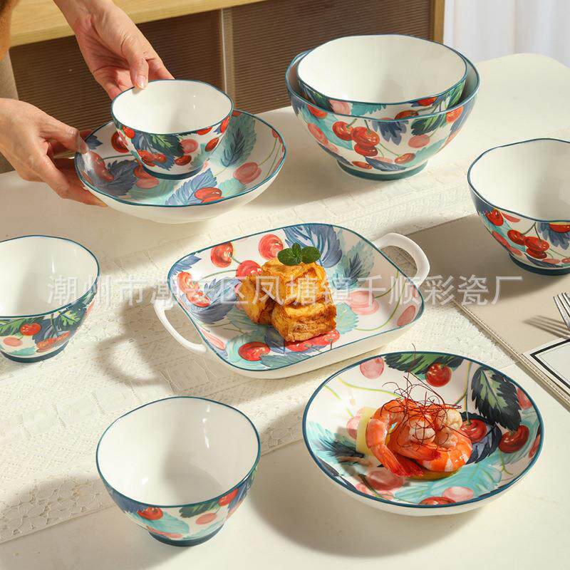 千顺陶瓷饭碗家用汤面碗釉下彩碗碟套装高颜值碗盘子2025新款餐具
