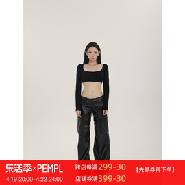 PEMPL 休闲裤女春季低腰工装pu皮裤高腰宽松直筒裤显瘦长裤子